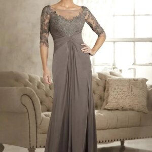 Scoop Neck Lace Mermaid Mother Of The Bride Dresses Half Long Sleeves Beaded Appliques Chiffon Wedding Guest Gowns