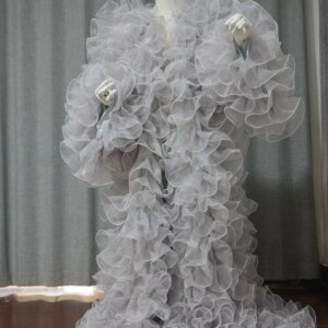 Gorgeous silver organza Jacket Women Full Sleeves Dresses Ruffles Floor Length Long Robe Dress To Photoshoot custom size color