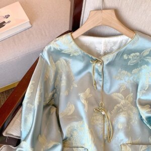New Chinese round neck matching color jacquard satin short coat for women chic national style blouse