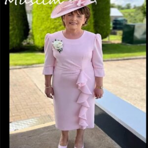 Pink Mother Of The Bride Dress With Sleeve Elegant O Neck Beaded Tea Length Wedding Guest Dress Chiffon Short Evening Customized