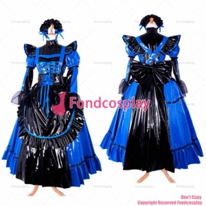 fondcosplay adult sexy cross dressing sissy maid long Dress Lockable blue thin Pvc Uniform black apron CD/TV[CK791]