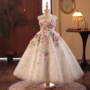 Jill Wish Floral Luxury Long Handmade Flowers Beads Girl Dress for Princess Wedding Birthday Party Gowns vestidos de novia J292