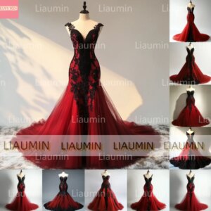 Classic Red and Black Lace Edge Applique Strapless Ball Gown Mermaid Full Length Evening Dress Formal Occasion Customized W19-13