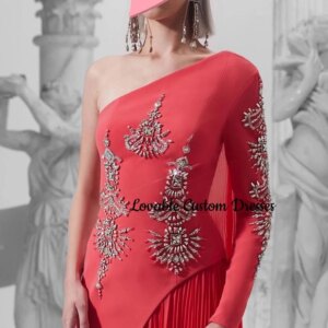 Customized Evening Dresses A-Line V-Neck One-Shoulder Beadings Dresses For Special Occasions Zipper Up Long Sleeves Dresses