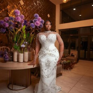 Arabic Aso Ebi Plus Size Off White Lace Mermaid Wedding Dresses Luxurious Lace Rhinestones Full Sleeves Detachable Train Vintage