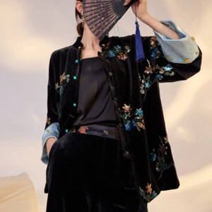 New Chinese style satin flower sequin shirt black temperament loose top
