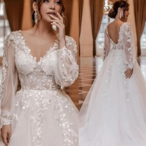 Elegant A-line V-neck Backless Lace Applique Women’s Wwedding Dress Long Sleeve Formal Bridal Party Dress Plus Size Customized