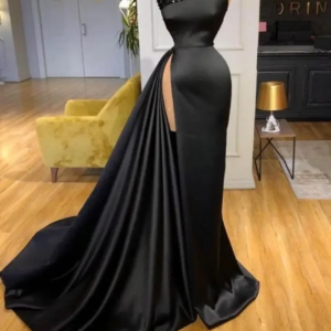Gothic Black Evening Dresses Sexy High Thigh Split Sheath Women Prom Gowns Strapless Beads Sequins Long Robes Vestidos De Bal