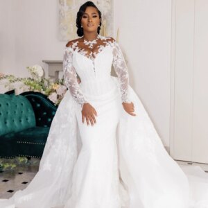 Mermaid Long Sleeves Wedding Dress With Detachable Train Lace Applique Corset Ivory African Bridal Gowns Customized