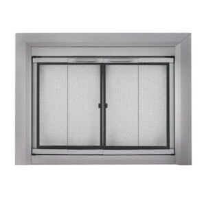 Medium Skyline Nickel Glass Fireplace Doors Energy Efficient Easy Grip Handles Fixed Mesh Panels Hidden Damper Control 37.5″L x