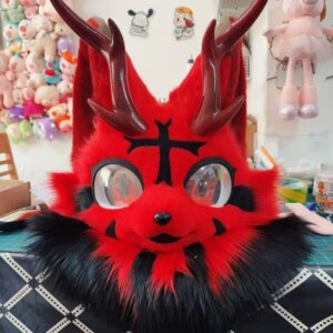 Furry Red Fire Dog CUTE Long Fur Husky Dog Fox Mascot Head Fursuit Party Cosplay