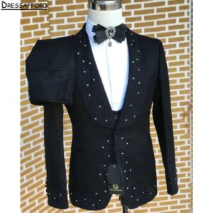Black Crystal Beading Men Business Formal Occasion Tuxedos Grooms Wedding Party Prom Male Suit 2 Piece Set Blazer Pants