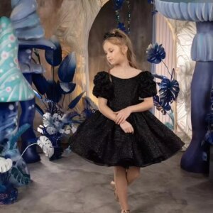Sequins Ruffles Knee Length Birthday Gowns for Party Princess First Holy Communion Gown Black Flower Girl Dresses for Wedding