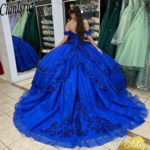 Royal Blue Off The Shoulder Ruffles Ball Gown Quinceanera Dresses Glitter Crystal Sequined Lace Corset Vestidos De 15 Anos