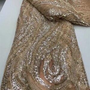 High Quality 2025最新 Fashion Design Gold African Handmade Embroidery Net Lace Beads Sequin for Nigerian Wedding Dress Q329-1