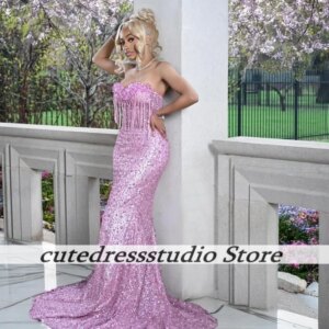Shinning Pink Mermaid Prom Dress 2025 African Exquisite Tassel Diamond Birthday Party Dress Long Strapless Gown Women Customized