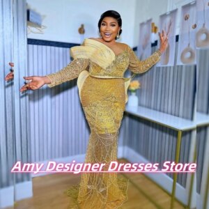 Sparkle Golden Mermaid Evening Dresses For Black Girls Luxury Sequin Pears Long Wedding Party Dress Vestidos De Festa Customized