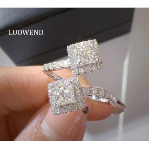 LUOWEND 100% 18K White Gold Rings Fashion Princess Cut Open Ring Real Natural Diamond Ring for Women Luxury Party Jewelry