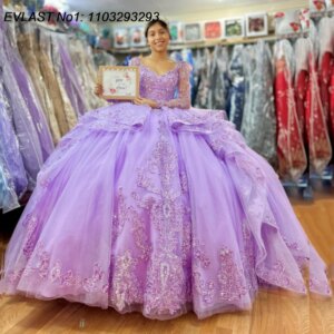 EVLAST Customized Shiny Lilac Quinceanera Dress Ball Gown Sequins Lace Applique Beading Sweet 16 Vestido De 15 Anos E1Q399