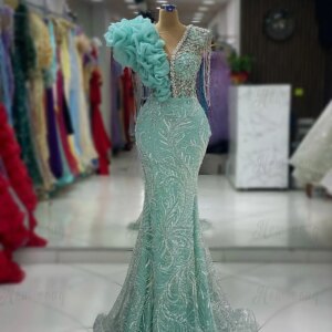 Turquoise Ruffles Party Dress With Long Chain Tassel Arabic Mermaid Maxi Prom Gowns for 2024 Women Luxury Wedding Events Gowns
