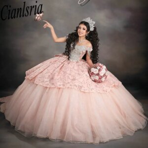 Luxury Beading Crystal Ruffles Quinceanera Dresses Ball Gown Off The Shoulder Sequined Sweet 15 Años Mexican Customized