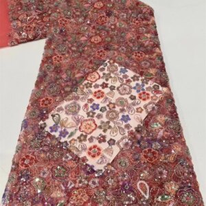 African Lace Fabrics 5 Yards 2025 Elegant Orange Lace Fabric Fashion Beaded Sequins Embroidered Fabrics For Party Dresses A866-1
