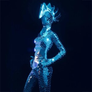 Sliver Mirrors Stage Jumpsuit Headwear Dance Costumes Female DJ Nightclub Singer Dancer Bar Party Performance Costume