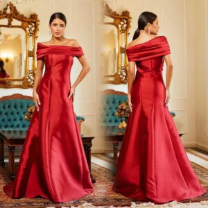 Customized Minimalist Satin Evening Gown Off Shoulder Boat Neck Mermaid Pleats sexy Women’s Fashion Elegant Celebrity Banquet Dr