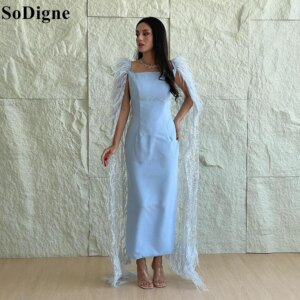 SoDigne Elegant Sky Blue Evening Dresses Square Neck Mermaid Feather Cape Ankle Length Party Dress 2024 Prom Gowns Customized