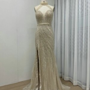 MYMB Stunning Halter Mermaid Evening Dress for Princess Girls Sexy Sleeveless High Split Hot Selling Wedding Party Gowns MB40281