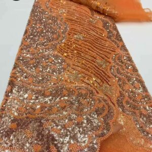 Newest Nigerian Beaded Lace Fabric with French Sequins 2025 High Quality Lace African Lace Fabric Women’s Party Sewing 5 Yards
