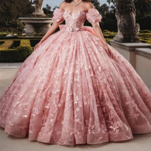 Pink Off The Shoulder Princess Ball Gown Quinceanera Dresses Classic 3D Bow Applique Beads Tull Sweet 16 Dress Vestidos 15 De