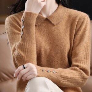 Women’s Pullover Sweater High Standard 100% Wool Knitting O-Shaped Lapel Sweater Classic Fashion Best Seller