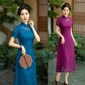 Long Cut Flower Short Sleeve Robe Qi Pao Large Swing Skirt     Fashion Improvement Chinese Cheongsam Dress Women