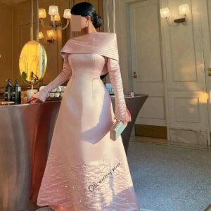 customized Long Sleeves Prom Dresses Boat Neck Pleated Beadings Pearls Ankle Length Party Dresses Formal Evening Dresses2025