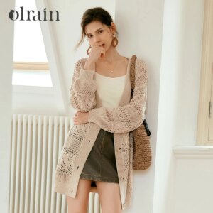 OLrain Loose Hollow-out Cardigan 2025 Spring French Style Vintage Lazy V Neck Single Breasted Lantern Sleeve Sweater M56QM93320