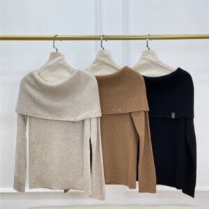 Women’s Off-Shoulder Cashmere Sweater, Beaded, Slash Neck, Knitted Pullover, Bottoming Shirt, Autumn, Winter