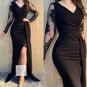 Customized Elegant Vintage Sexy Black Lace Beading Pearls Applique Customize Formal Occasion Prom Dress Evening Party Gowns
