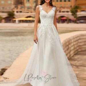 LRosella Elegant 2025 V-neck Neckline Customized A-line Lace Applique Sleeveless Cheaper Wedding Dresses Illusion Button