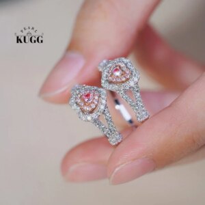 KUGG 18K White Gold Rings Romantic Heart Design Real Natural Pink Diamond Engagement Ring for Women High Wedding Jewelry