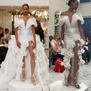 Dreamlike White Flower Split Long Evening Dresses With Detachable Train Pretty Long Formal Party Dress Bridal Gowns