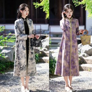 New Chinese Style Long Cheongsam Qi Pao Coat Autumn Retro National Sleeve Daily Wearable Shawl