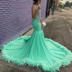 AA66 Customzied Mint Green Women Formal Evening Dress Mermaid Beads Applique Prom Occasion Dress Wedding Party Gown African Girl