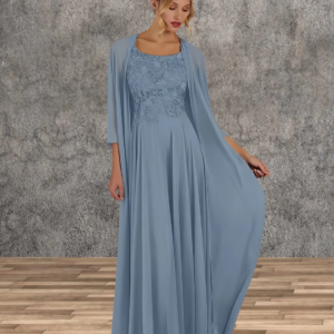 Two Piece A-Line Mother of the Bride Dresses for Wedding Floor Length Sleeveless Scoop Neck Chiffon with Lace 2024