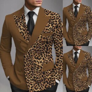 Leopard Print Mens Wedding Tuxedos Custom Made Groom Wear Peaked Lapel Prom Male Birthday Party Jacket Black Pants Suits
