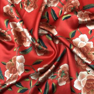 New 40momme heavy silk satin red flower picture festive dress cheongsam fabric