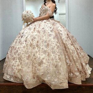 Glitter Champagne Quinceanera Dress Sweetheart Off Shoulder Appliques Lace Beads Tull Sweet 16 Dress 2025 Vestidos De 15 Anos
