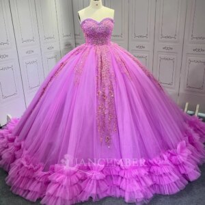 Court Pink Lace Ruffels Quinceanera Dress Ball Gown Strapless 15 Dress Charro Mexican Customized vestido de 15 años LSMU67