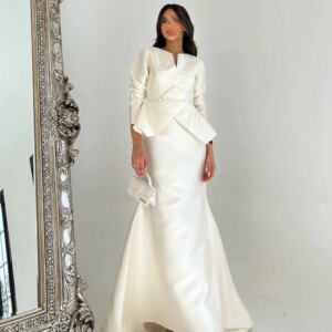 Customized Champagne O-neck Satin Mermaid Formal Evening Dress Full Sleeves Sweep Train Party Gown Ankle Length Prom Dress