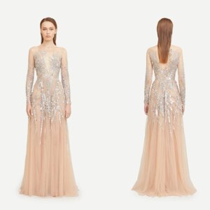 L295 Customized Champagne Long Sleeves Sliver bead  فساتين السهرة vestidos de fiesta  فساتين سهره evening dresses